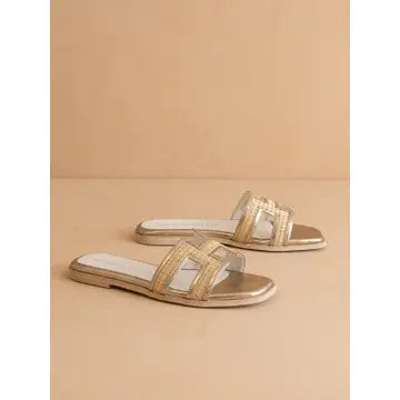 Oasis Society The Ena Gold H Cutout Raffia Slide (IN-STORE PICK UP ONLY)