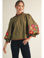 Jodifl 3/4 Balloon Sleeve Top With Embroidery In Olive