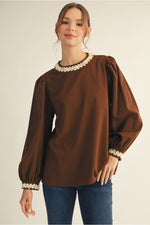 Jodifl Long Sleeve Top With 3D Trim In Brown