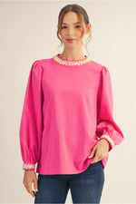Jodifl Long Sleeve Top With 3D Trim In Hot Pink
