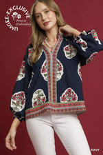 Umgee Boho Print Top In Navy