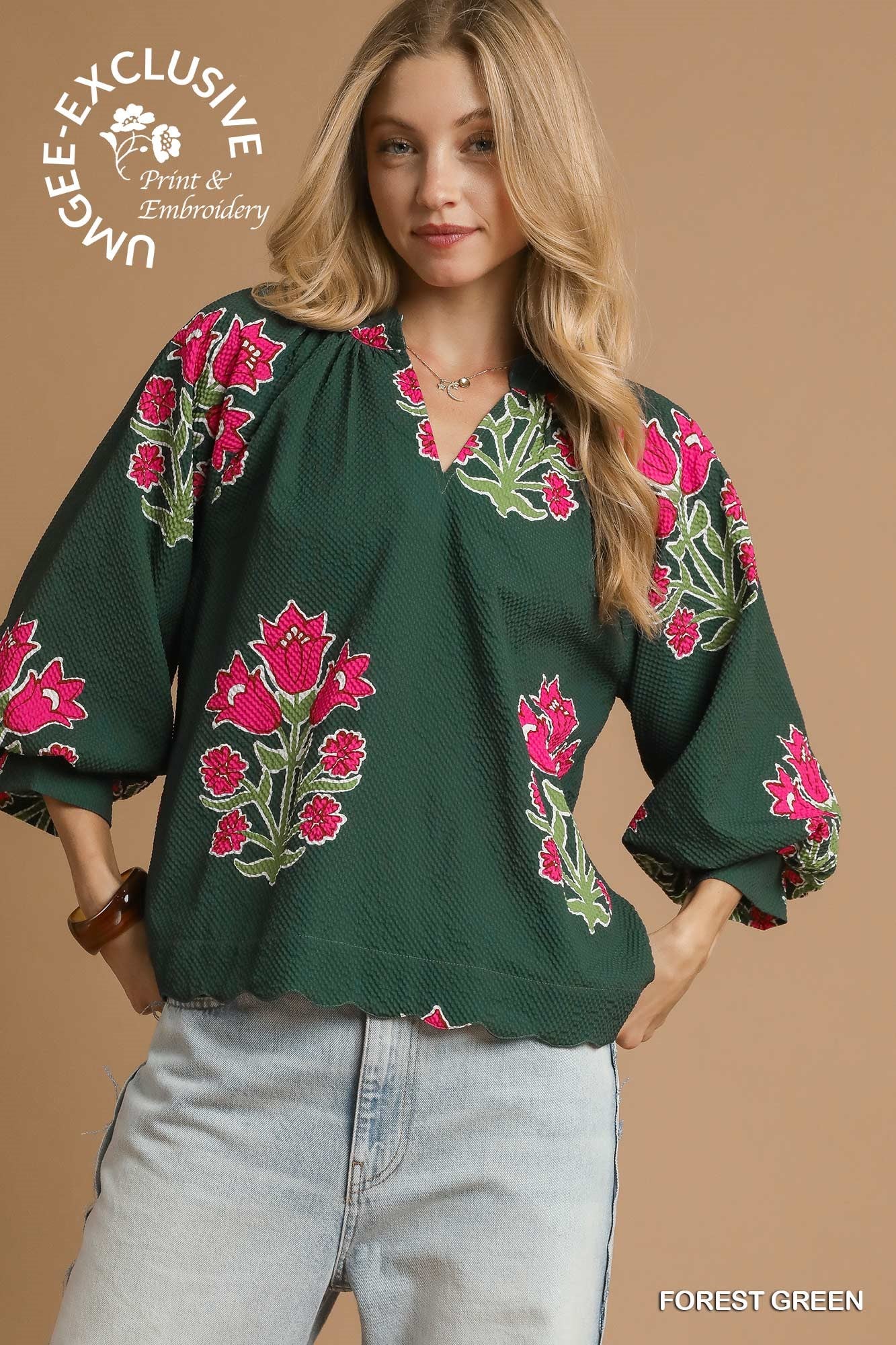 Umgee Bubble Sleeve V Neck Tulip Print Top In Forest Green