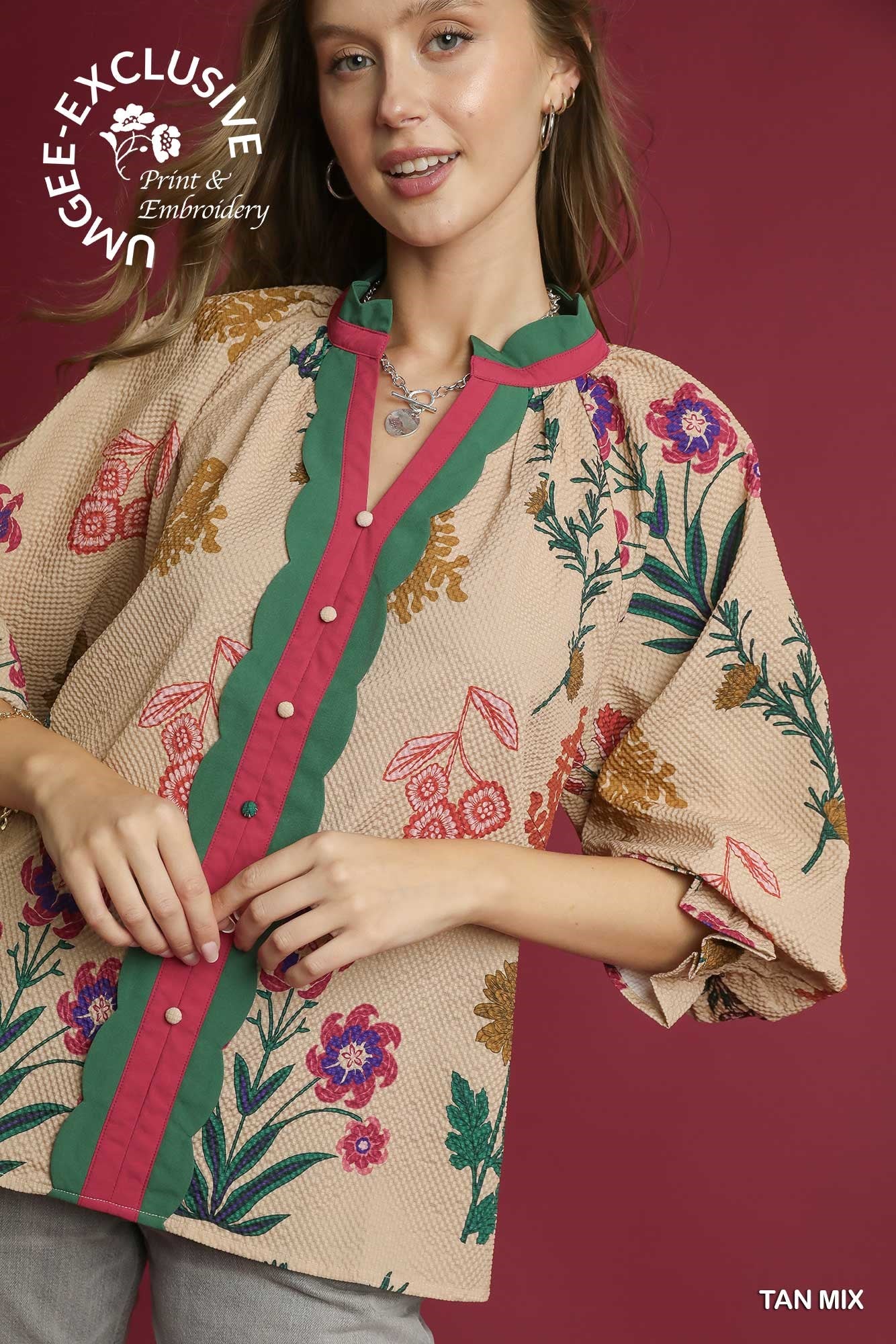 Umgee Mix Floral Textured Blouse With Scalloped Trim In Tan