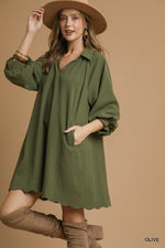 Umgee Split V Neck Dress With Puff Sleeves In Olive