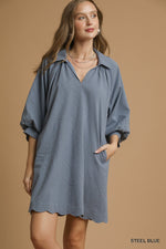 Umgee Split V Neck Dress With Puff Sleeves In Steel Blue
