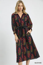 Umgee Floral button Front Tie Waist Maxi Dress In Black