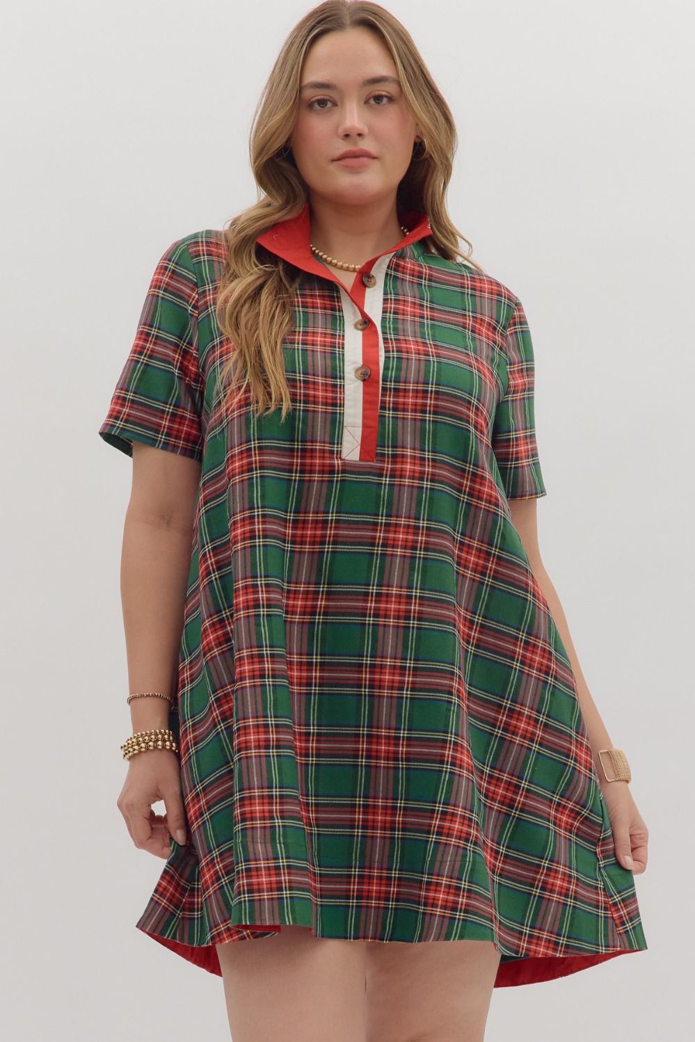 Entro Plaid Short Sleeve Mini Dress In Green PLUS Sizes