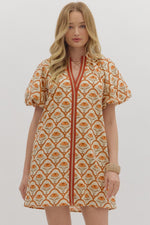 Entro Botanical Short Puff Sleeve Mini Dress In Ecru
