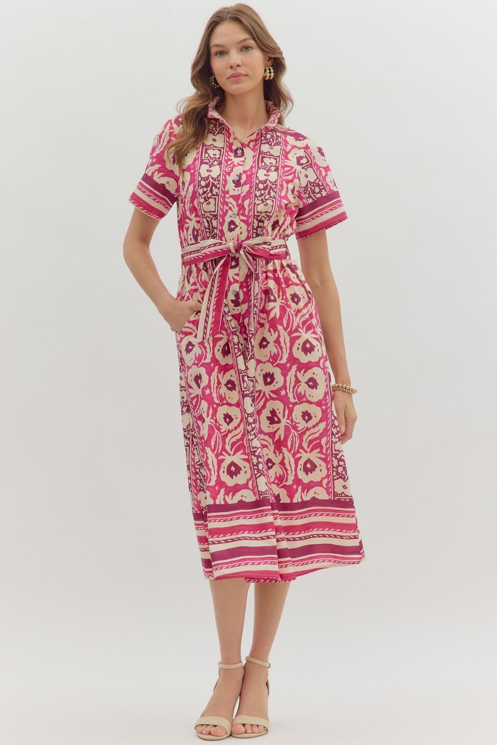 ENTRO Floral Midi Dress With Tie Waist In Magenta