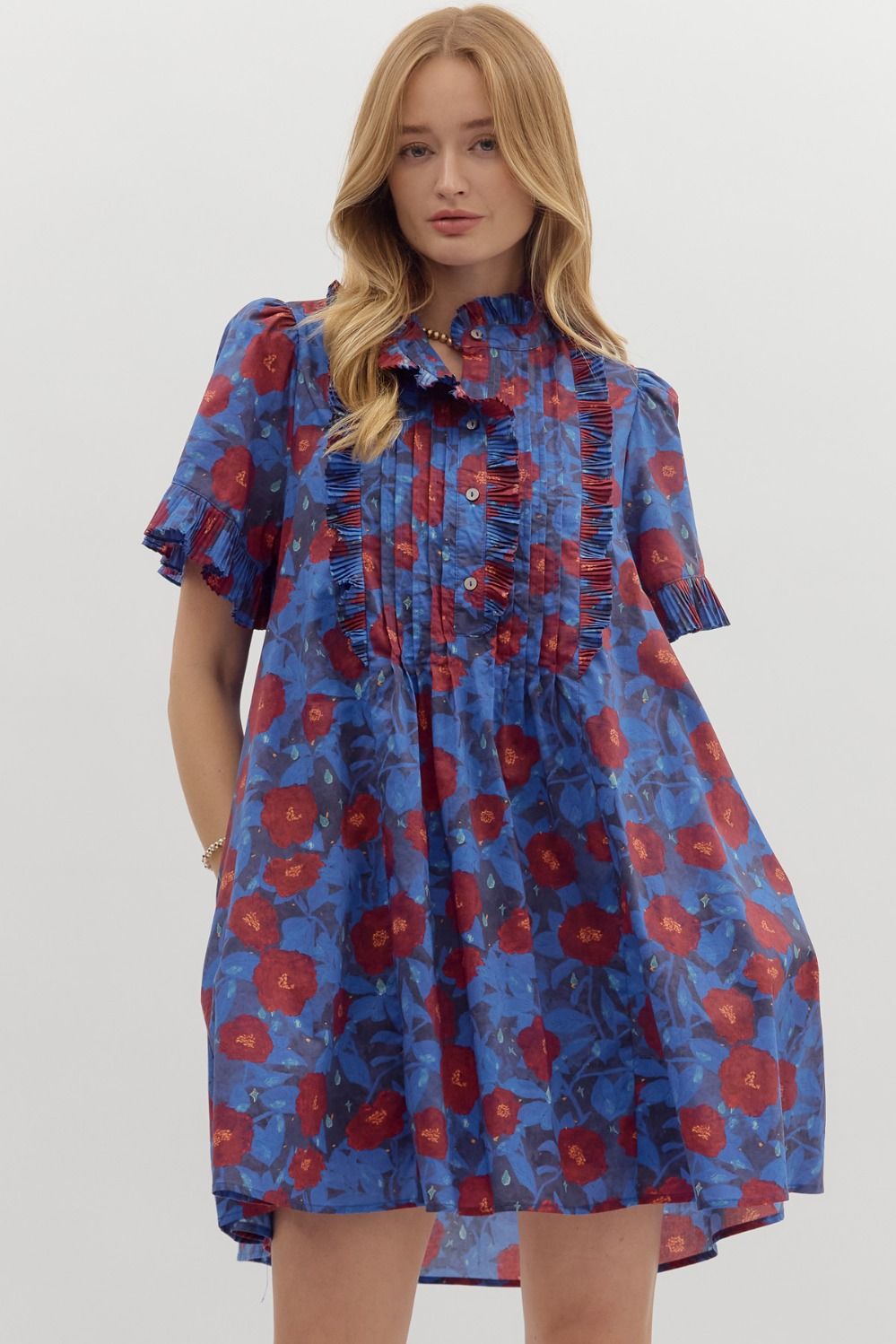 ENTRO Floral Pintuck Mini Dress In Midnight