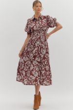 ENTRO Floral Midi Dress With Ruching Waist In Wine