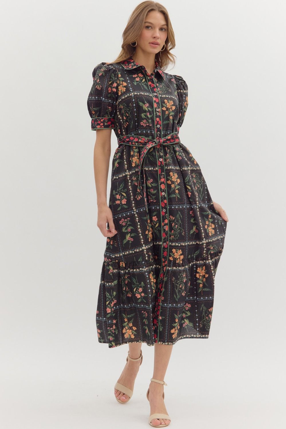 ENTRO Floral Midi Shirt Dress With Tie Waist In Black