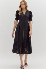 ENTRO Solid Midi Dress With Embroidered Hem In Black