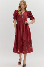ENTRO Solid Midi Dress With Embroidered Hem In Garnet