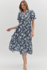 Entro Floral Print Ruffle Finish Midi Dress In Navy
