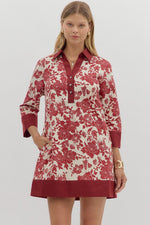 ENTRO Floral Print 3/4 Sleeve Mini Dress With Contrast Binding In Burgundy