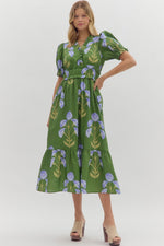ENTRO Floral Puff Sleeve Midi Dress In Green