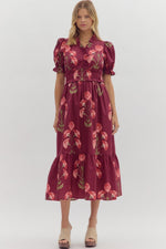 ENTRO Floral Puff Sleeve Midi Dress In Wine