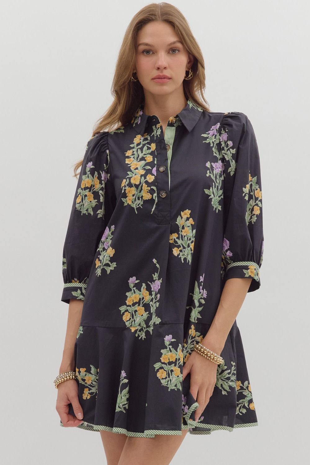 Entro Floral Mini Dress With 3/4 Sleeves In Black