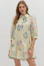 ENTRO Entro Floral Cuff3/4 Sleeve Mini Dress In Cream