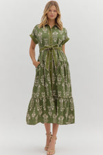 ENTRO Botanical Tie Waist Dress In Olive
