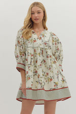 ENTRO Floral 3/4 Sleeve Contrast Trim Mini Dress In Ecru