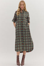 ENTRO Geometric Print Short Sleeve Midi Dress In Brown *COMING SOON*