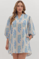 ENTRO Floral 3/4 Sleeve V Neck Mini Dress In Blue PLUS Sizes