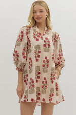 Entro Floral 3/4 Sleeve Mini Dress In Ecru
