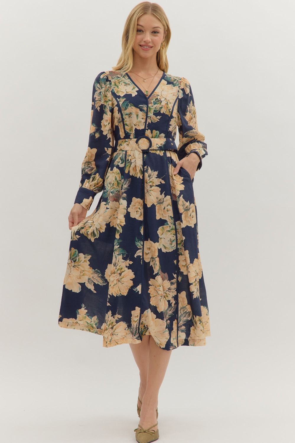 Entro Floral Long Sleeve Midi Dress With Buckle Belt In Navy