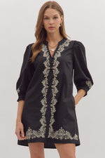 Entro Solid 3/4 Sleeve Mini Dress With Embroidered Lace Trim In Black
