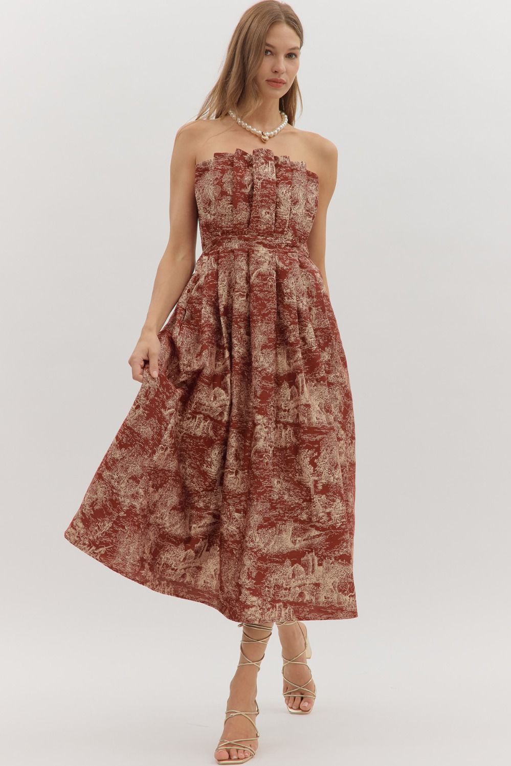 ENTRO Printed Strapless Midi Dress With Ruffle Neckline In Burgundy *COMING SOON*