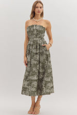 ENTRO Printed Strapless Midi Dress With Ruffle Neckline In Olive