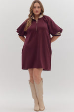 ENTRO Solid Mini Dress With Ribbed Trim In Burgundy PLUS Sizes