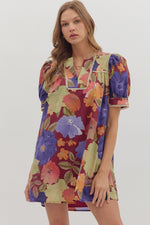 Entro Floral Puff Sleeve Mini Dress In Burgundy