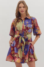 Entro Floral Puff Sleeve Mini Dress With Tie Waist In Burgundy