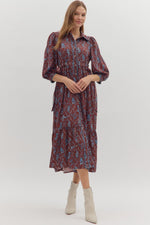 ENTRO Floral 3/4 Sleeve Midi Dress With Button Front In Chocolate