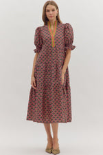 ENTRO Botanical Print Puff Sleeve Midi Dress In Black