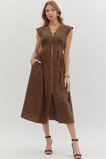 Entro Solid V Neck Midi Dress With Smocked Waist In Brown