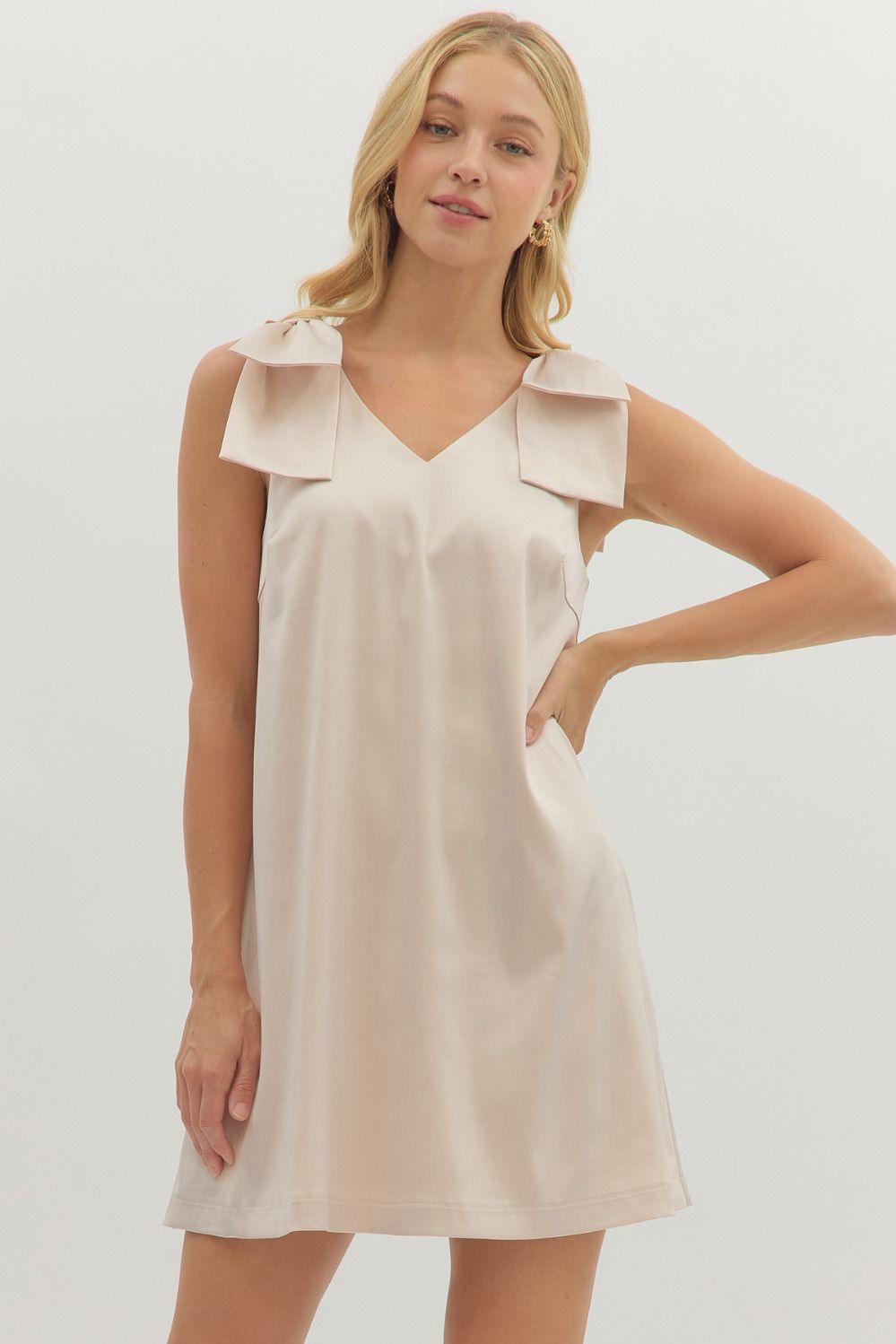Entro Solid Mini Dress With Bow Shoulder Detail In Champagne