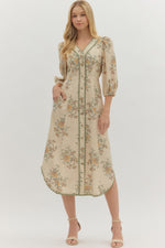 Entro Floral 3/4 Sleeve Midi Dress With Scalloped Trim In Ecru