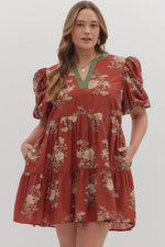 ENTRO Floral Print Mini Dress With Contrast Binding In Brick PLUS Sizes