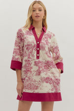 Entro Toile Print 3/4 Sleeve Mini Dress In Burgundy