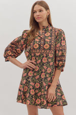ENTRO Floral Print 3/4 Puff Sleeve Dress In Black