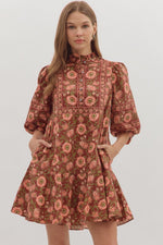 ENTRO Floral Print 3/4 Puff Sleeve Dress In Burgundy