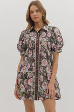 Entro Floral Print Puff Sleeve Mini Dress In Brown