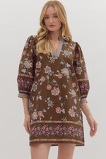 ENTRO Botanical Print 3/4 Sleeve Midi Dress In Brown