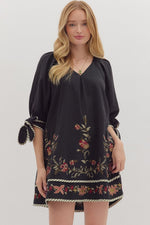 ENTRO Floral Embroidery 3/4 Sleeve Mini Dress In Black