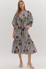 ENTRO Striped Puff Sleeve Midi Dress In Charcoal