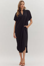 ENTRO Short Sleeve Midi Dress With Banded Collar In Black *COMING SOON*